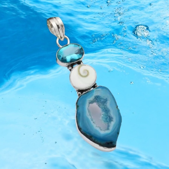 Solar Agate Shiva Eye Blue Topaz Pendant 925 Silver - Picture 1 of 1
